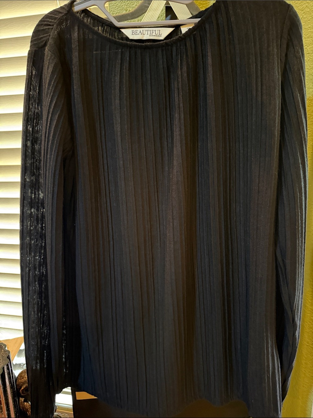Women's Black Pleated Long-Sleeve Blouse